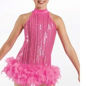 Pink sequin and feather dance costume